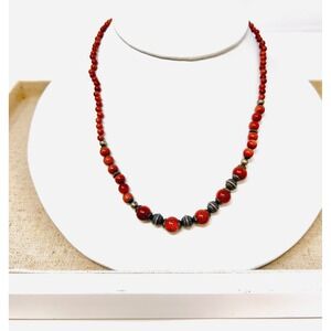 Sterling Silver Red Goldstone Beaded Southwestern Boho Necklace